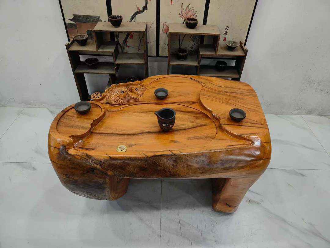 D2829香樟木整体根雕茶台阳台客厅家用茶几年年有鱼92-63-60厘米