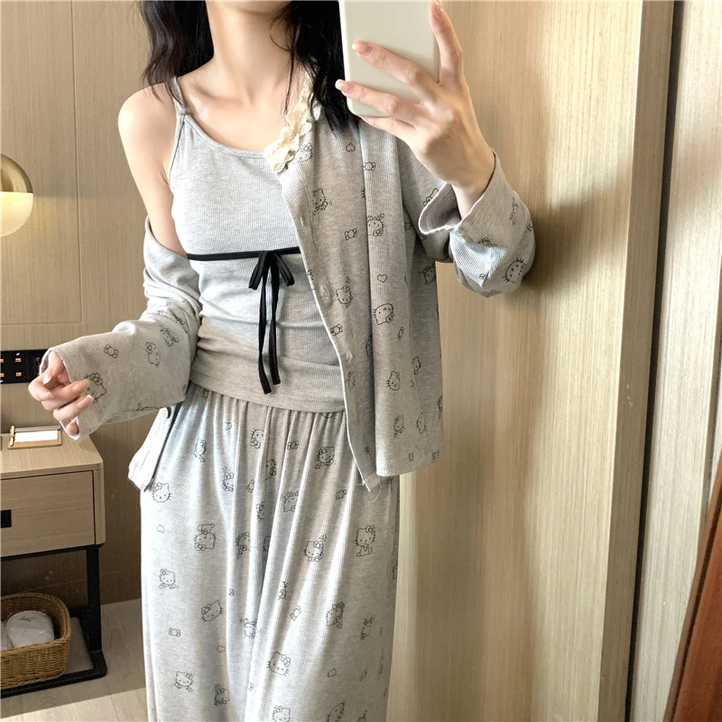 带胸垫2025年春秋新款莫代尔棉睡衣女卡通KT吊带长袖三件套家居服