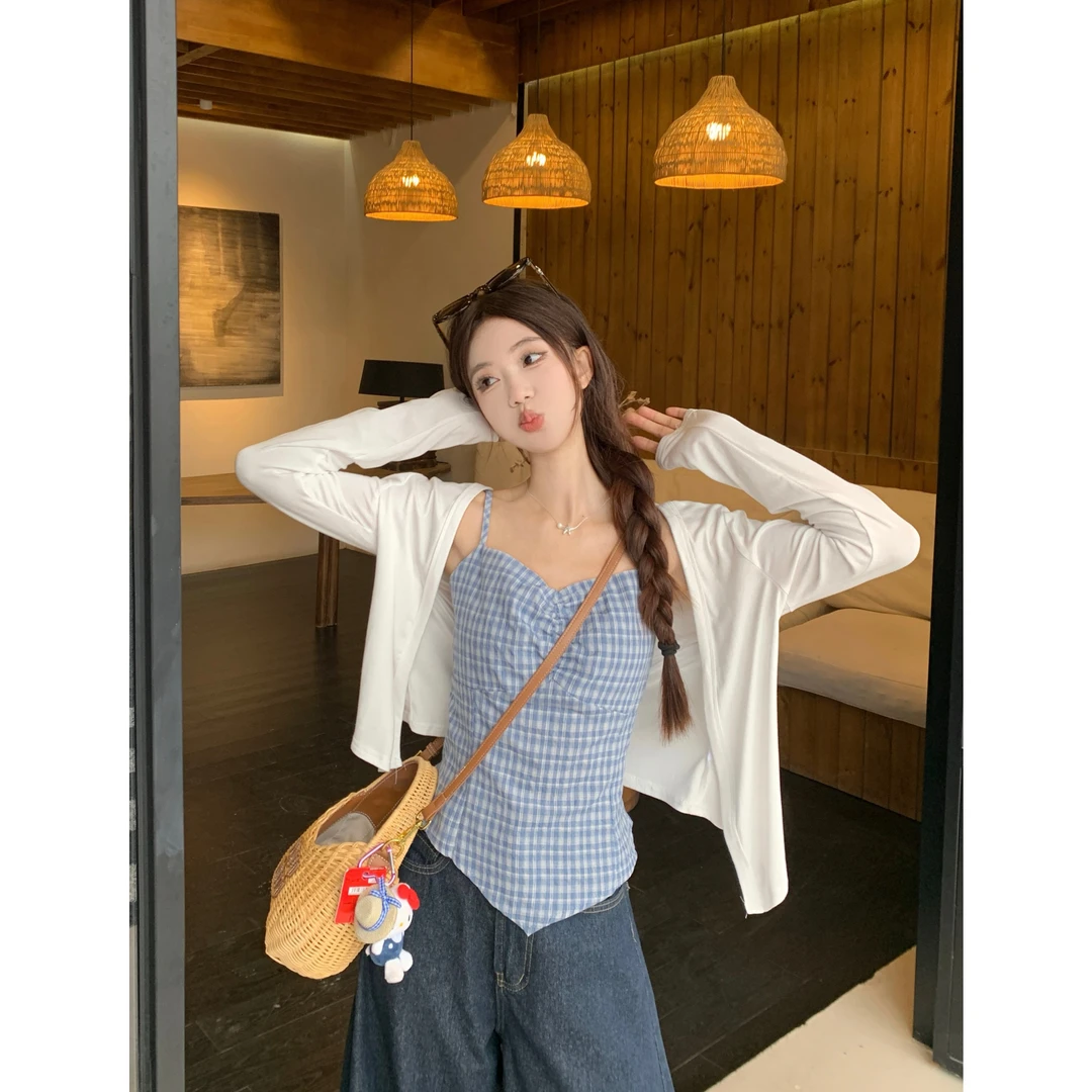 夏季2025新款  慵懒风不规则格子吊带+外搭长袖防晒上衣开衫