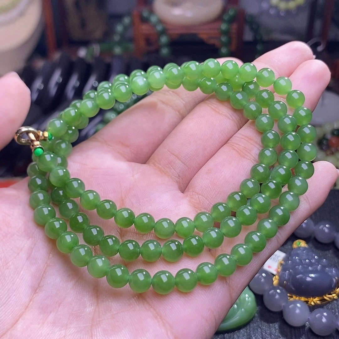 和田玉碧玉老料阳绿精品108卡6mm未镶嵌