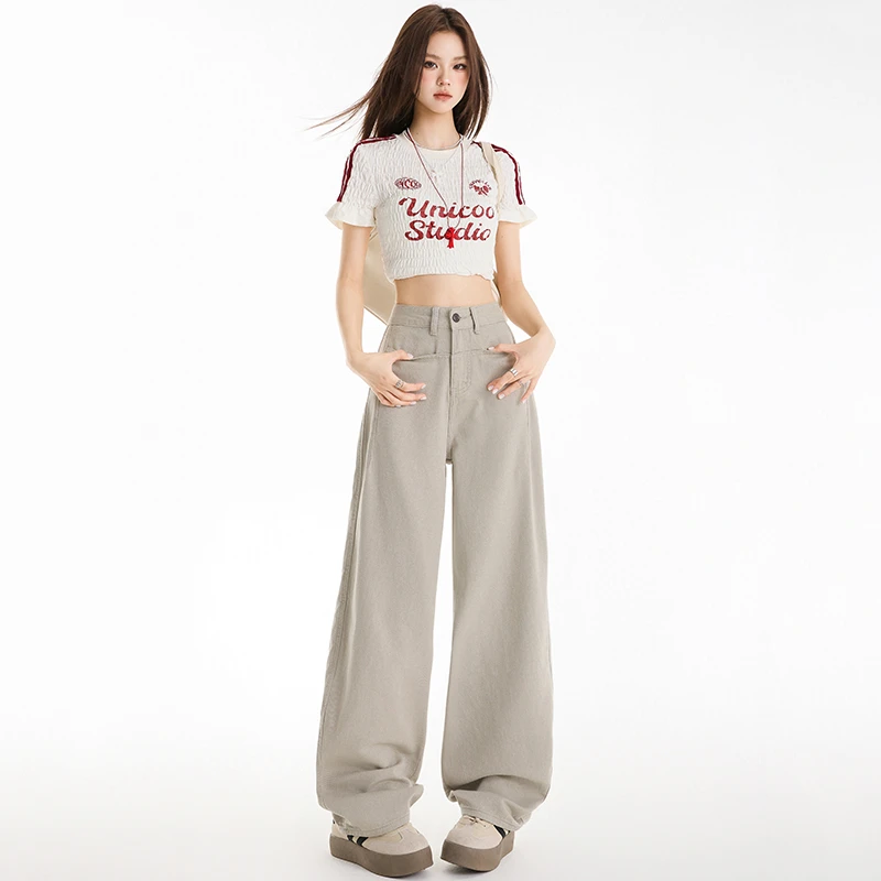 莫兰迪灰阔腿弯刀牛仔裤女早秋高腰宽松垂感直筒拖地镰刀堆堆裤