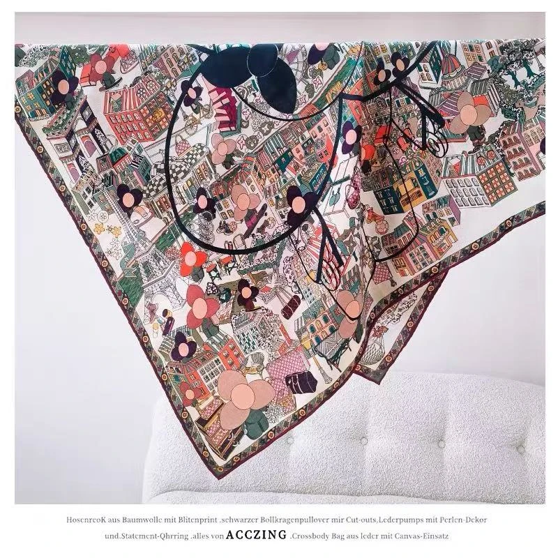 88尺寸手卷边桑蚕丝羊毛 双面异色方巾围巾（畅游巴黎）