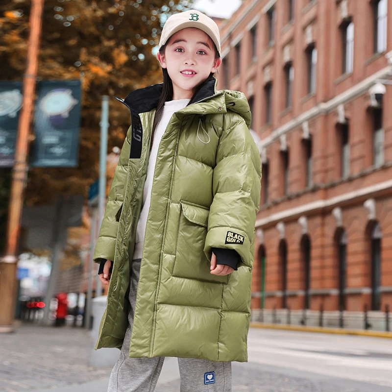 聚酯纤维100%新款儿童羽绒服女童长款过膝洋气中大童中长款加厚韩