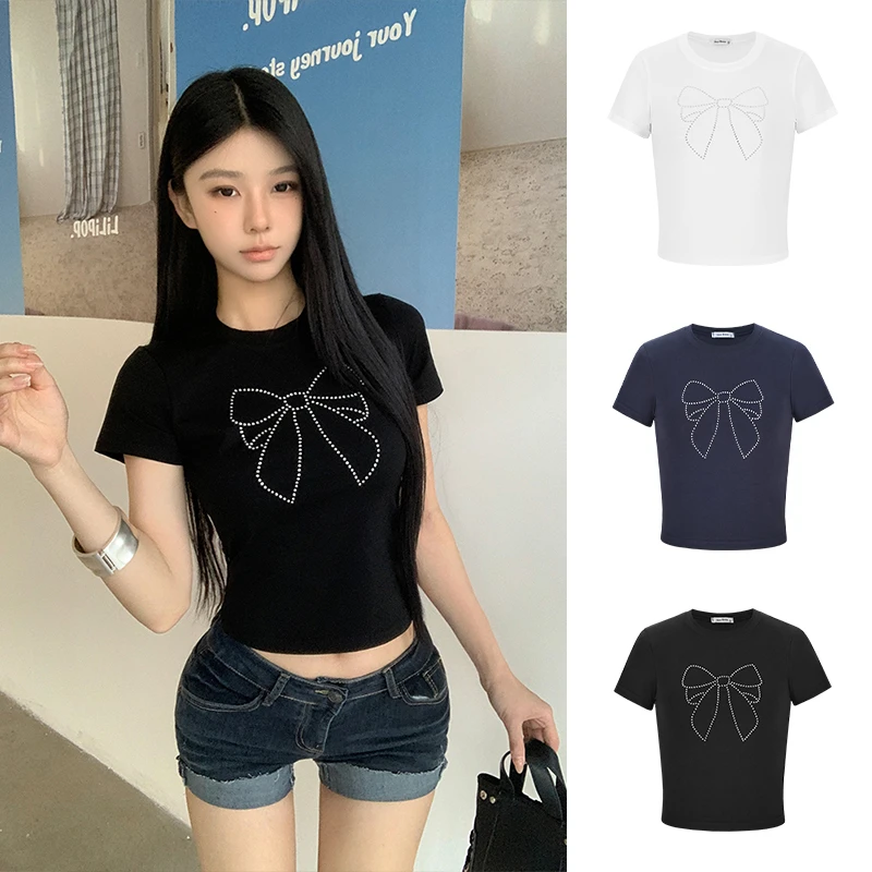 【现货专属】62889蝴蝶结烫钻设计正肩短袖T恤辣妹短款上衣