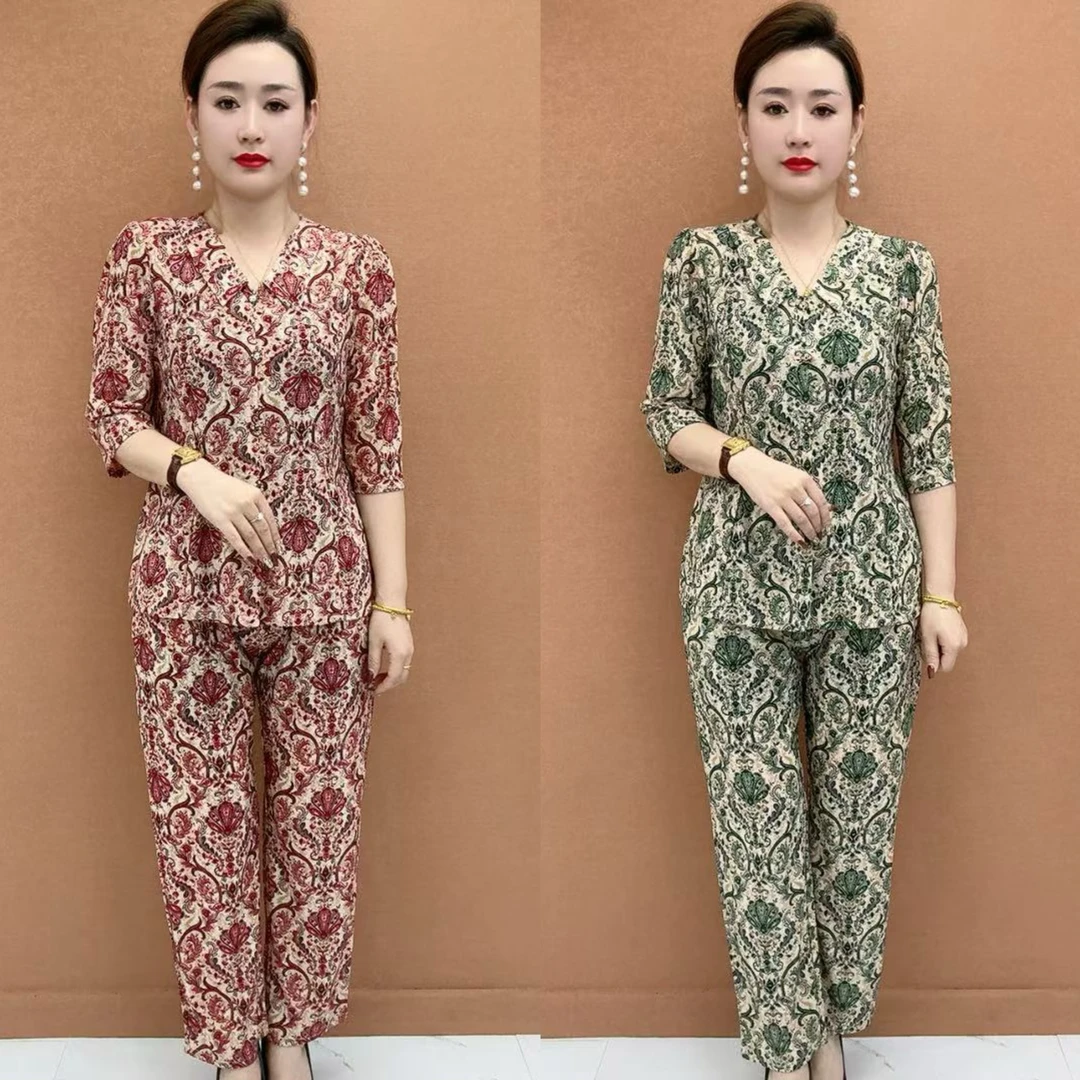 夏季新款洋气印花减龄娃娃领冰凉弹力妈妈套装时尚妈妈装