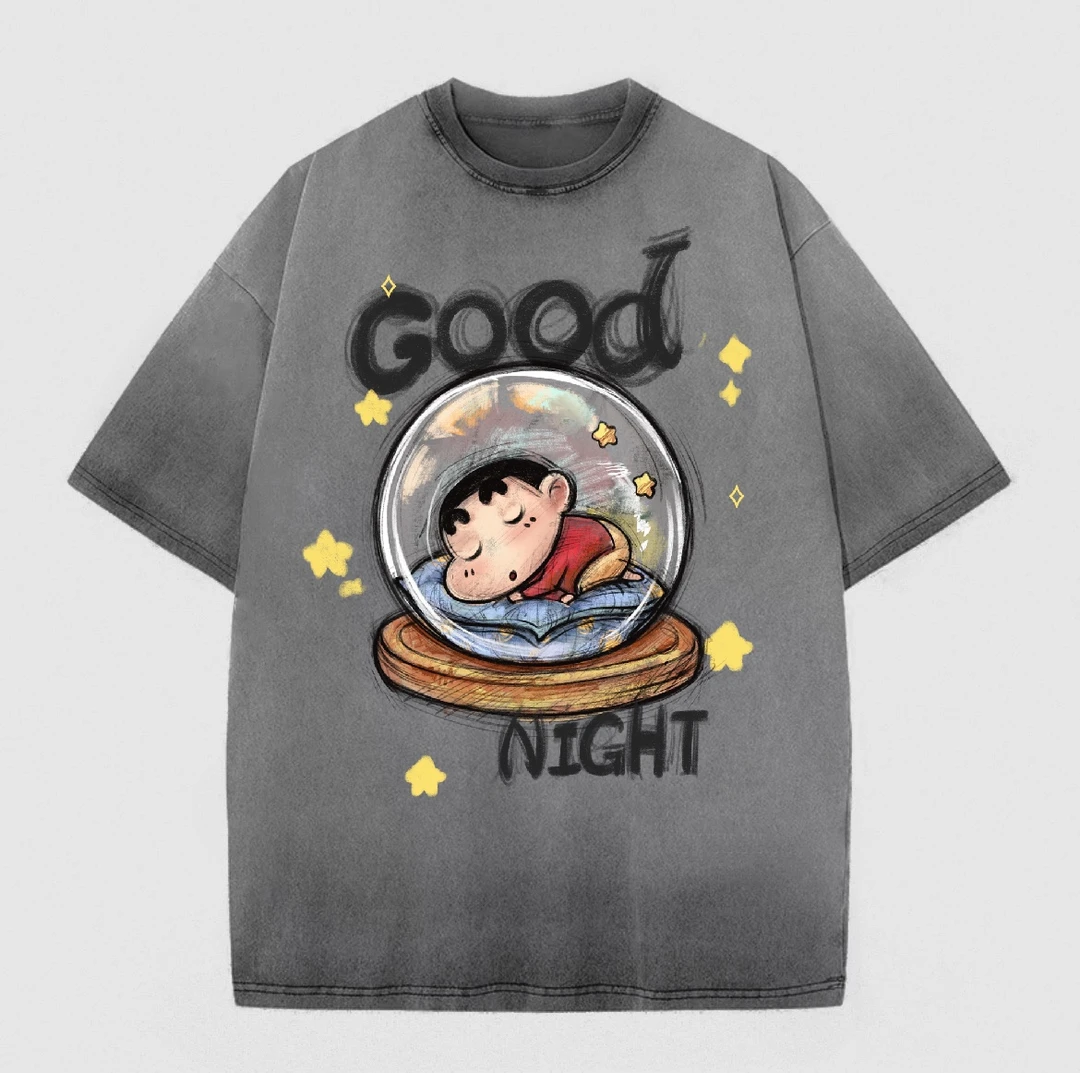 【SSTEE-晚安小新】兽兽学姐洗水做旧纯棉手绘280克重磅脏染灰T恤