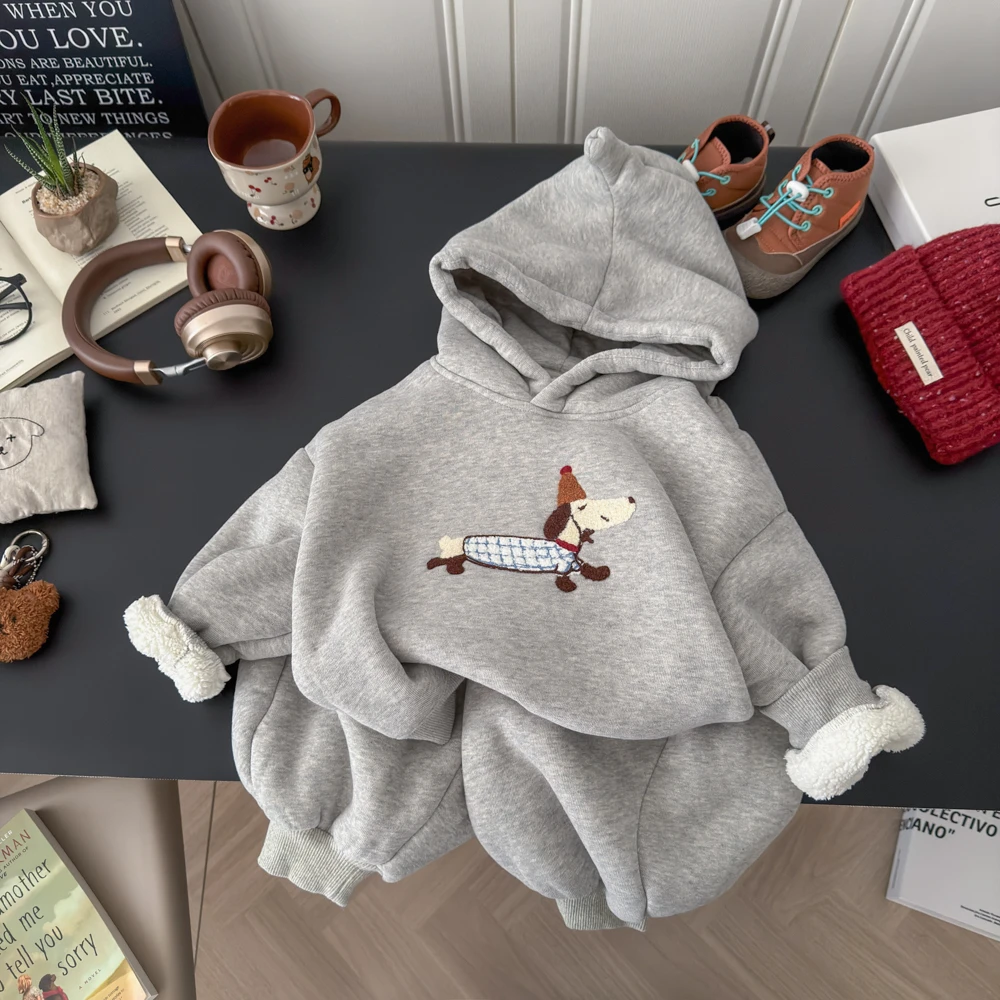 2025秋冬季卫衣连帽套装新款加绒加厚时尚休闲卡通宽松洋气套装