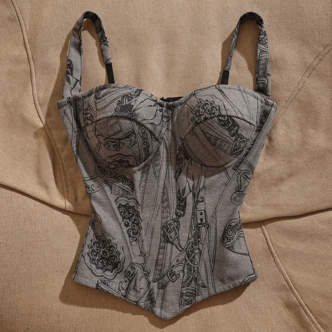 高级感法式复古印花鱼骨胸衣吊带背心外穿设计感修身显瘦上衣气质