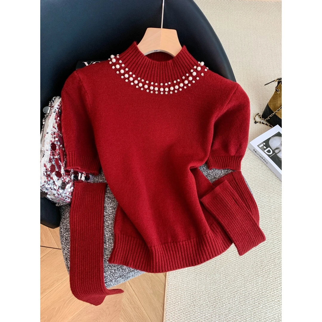 重工钉珠半高领毛衣秋冬高腰新款2026加厚时尚慵懒针织百搭上衣