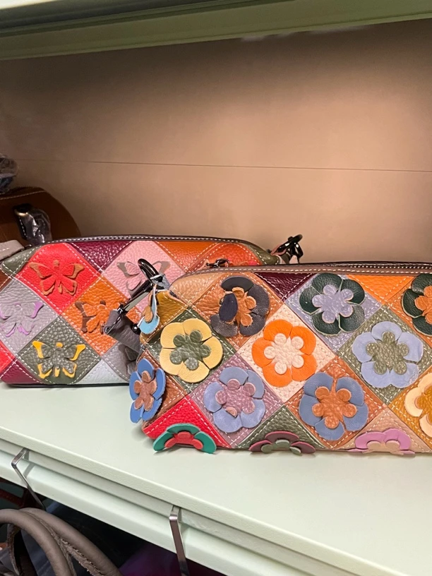 真皮牛皮荔枝纹头层牛皮彩色菱格撞色花朵拼色手提包单肩斜挎包