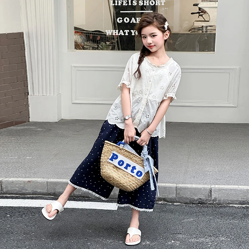 女童2025夏季新款短袖衬衫套装儿童洋气时髦女大童波点阔腿裤套装