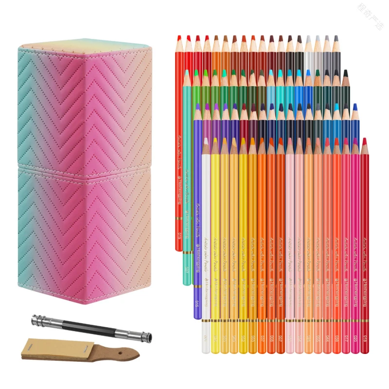 巴拉扣扣72色彩色铅笔油性加粗芯彩虹渐变色皮革桶学生儿童初学套