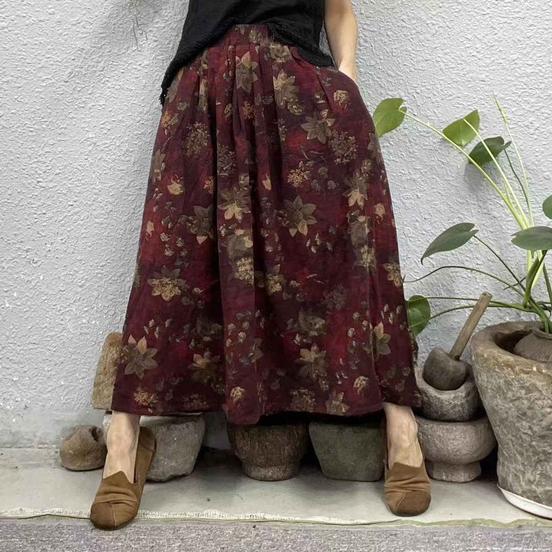 30216-2红底咖花色织麻印花半身裙（长85臀围152脚口216