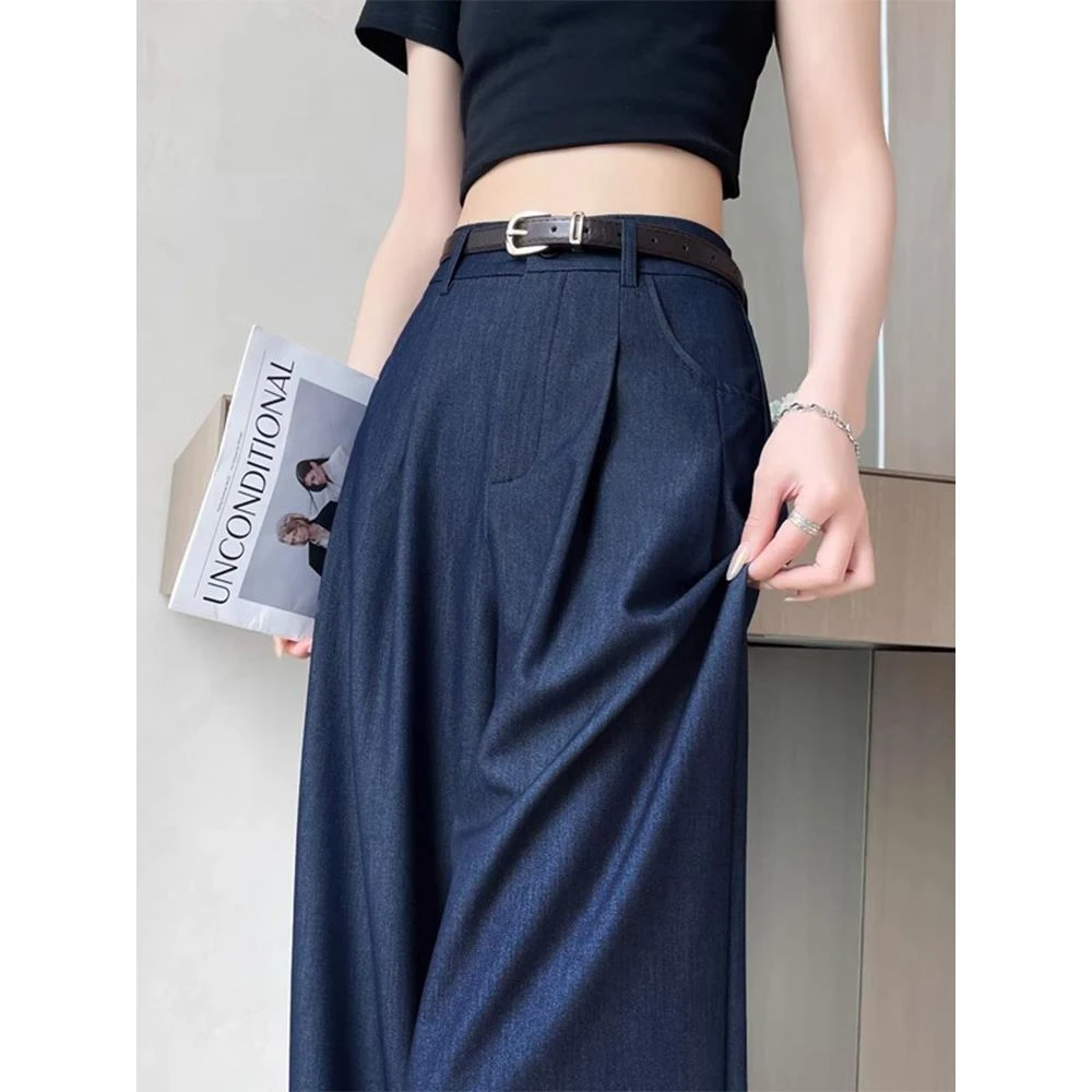 深蓝色天丝软牛仔裤子大码女胖mm显瘦梨型身材冰丝阔腿裤夏季薄款