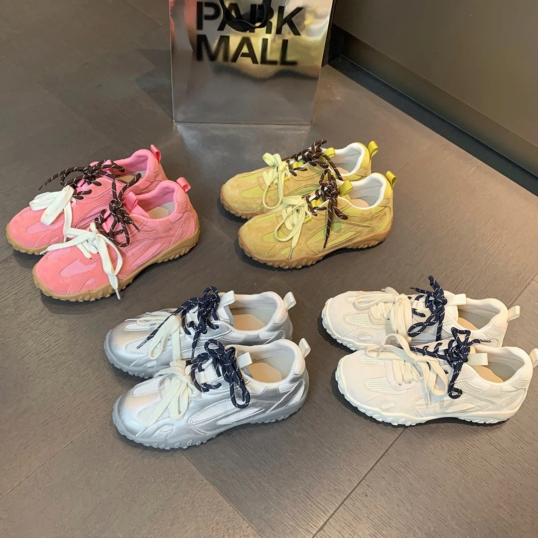 内增高小个子阿甘鞋2025新款运动休闲圆头拼接网面透气德训鞋女