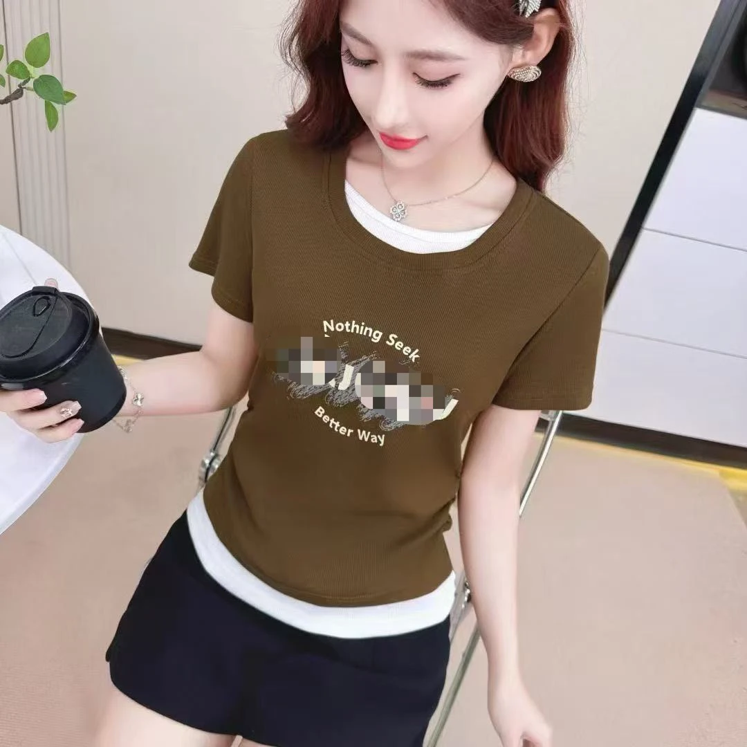 夏季新款时尚假两件短袖上衣833