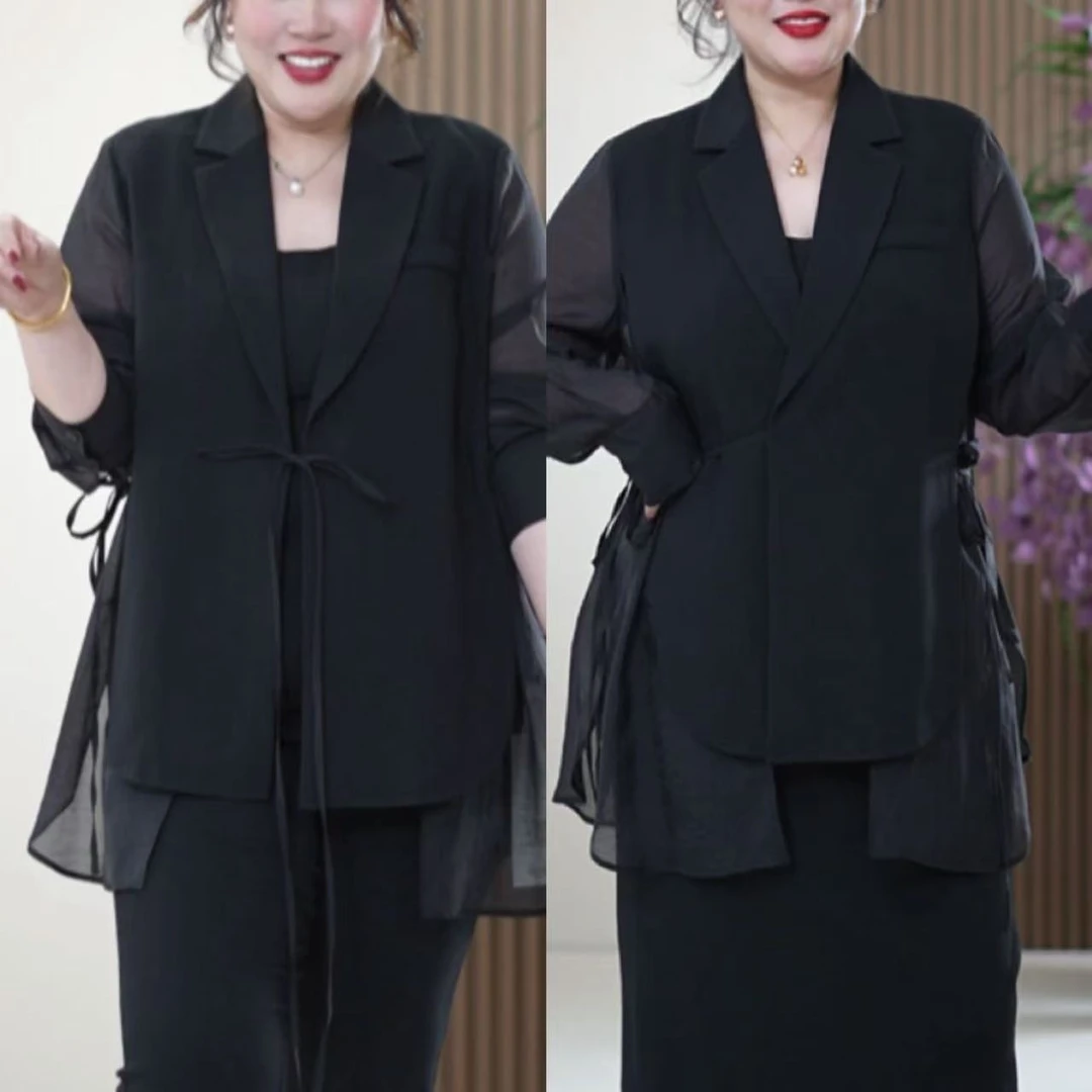 【两穿】平驳领珠光飘纱轻奢TR西装绑带开衩大码筋骨感春季外套女潮
