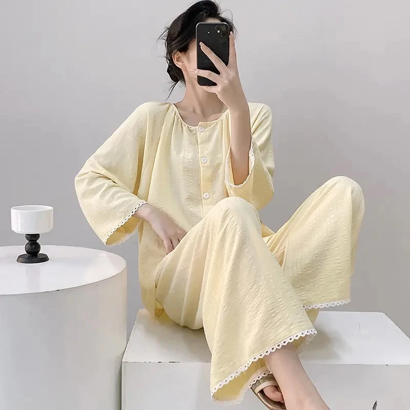 慵懒风睡衣女春秋天丝棉长袖长裤薄款圆领开衫可外穿家居服套装