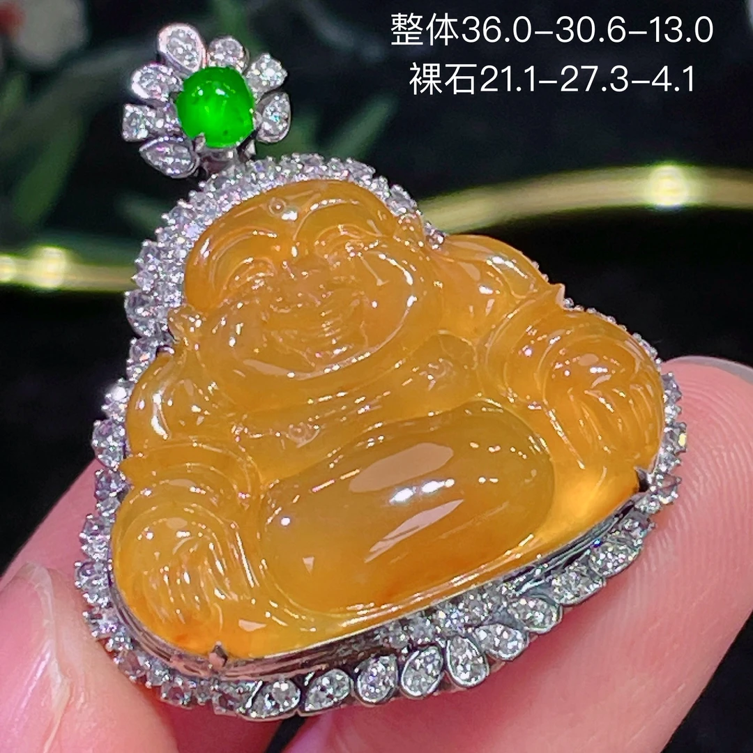 高端翡翠天然缅甸A货18k金镶嵌钻石冰黄翡佛公吊坠