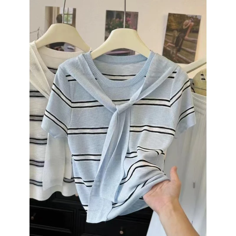 夏季设计感条纹圆领短袖冰丝针织上衣女士拼接披肩通勤显瘦5100
