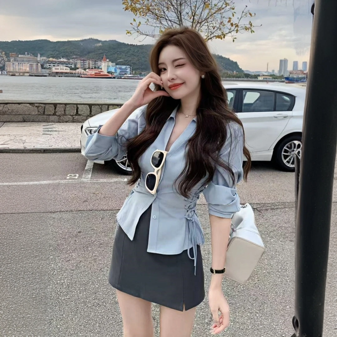 韩系气质翻领长袖女2025春季新款套装设计感收腰显瘦休闲衬衫