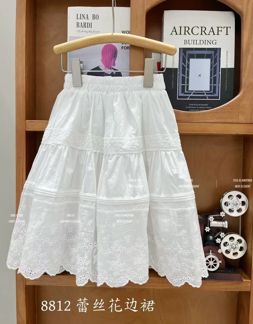 纯色夏季碎花女半身裙中大童百搭白色女童甜美蛋糕裙