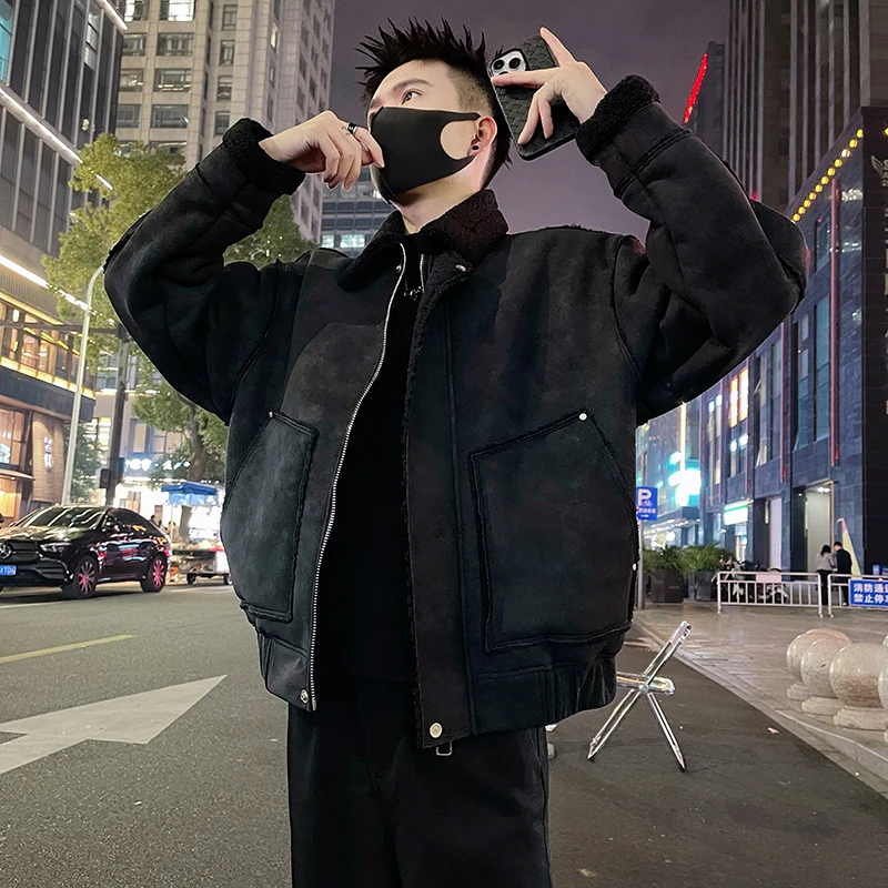 冬季美式痞帅皮毛一体棉衣2026新款机车解构拼接加绒加厚翻领夹克