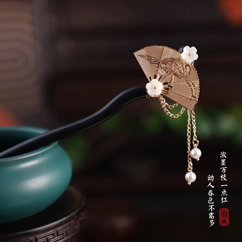 古风复古黑檀木新中式流苏发簪女汉服旗袍步摇簪子简约木质簪子