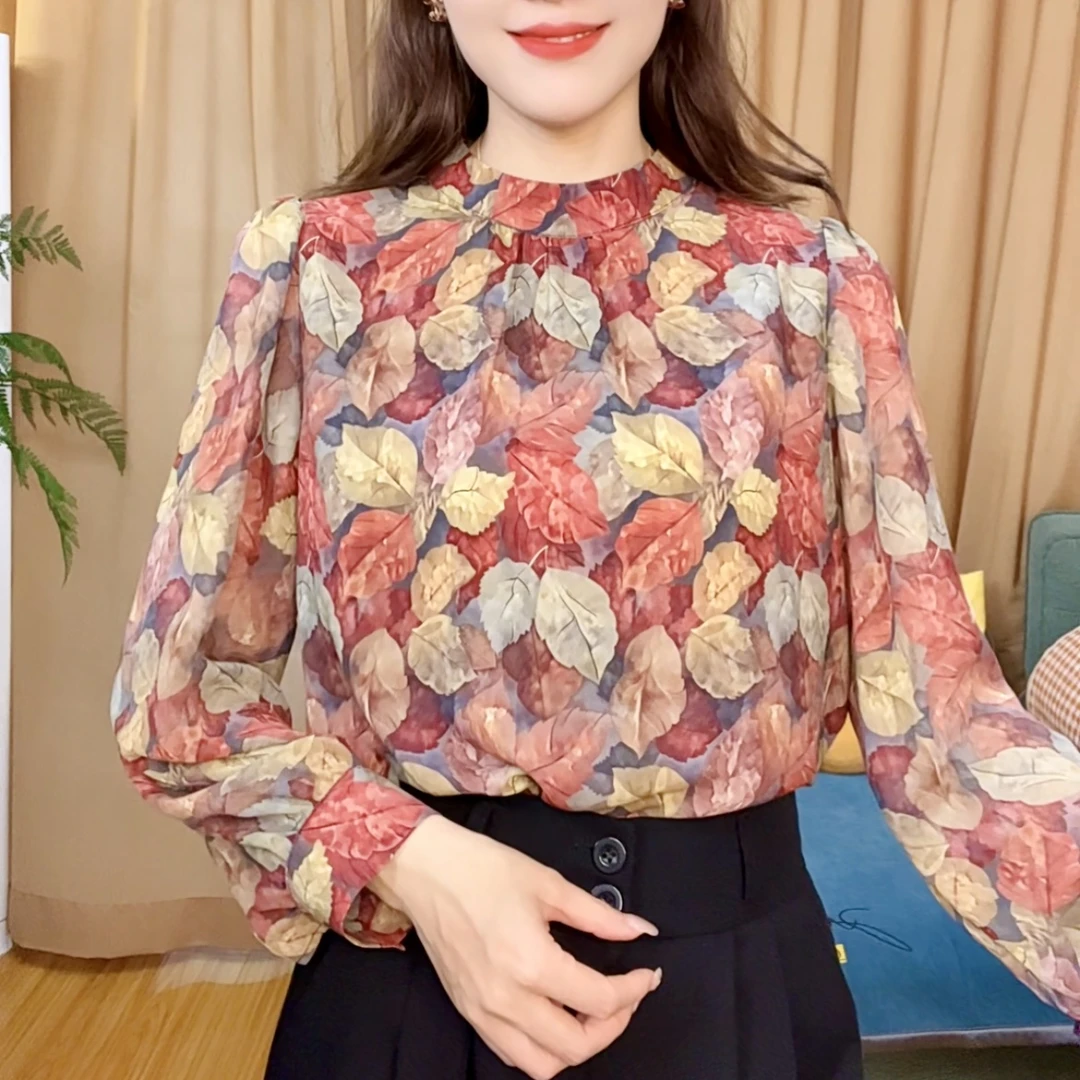 X8821时尚印花长袖小衫女2025夏季新款遮肉轻薄透气雪纺衫上衣女