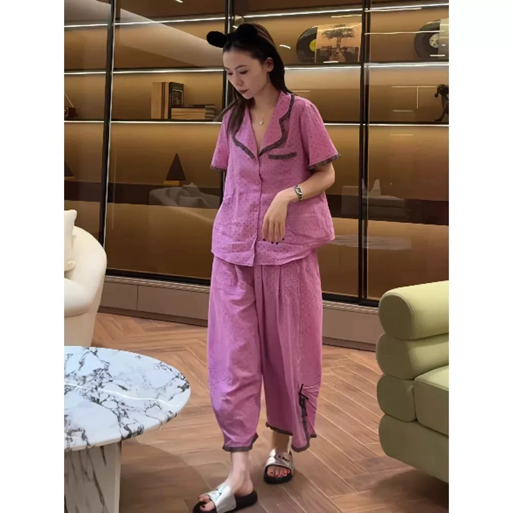 高级感ins睡衣夏季女2025新款套装慵懒风短袖长裤家居服宽松外穿