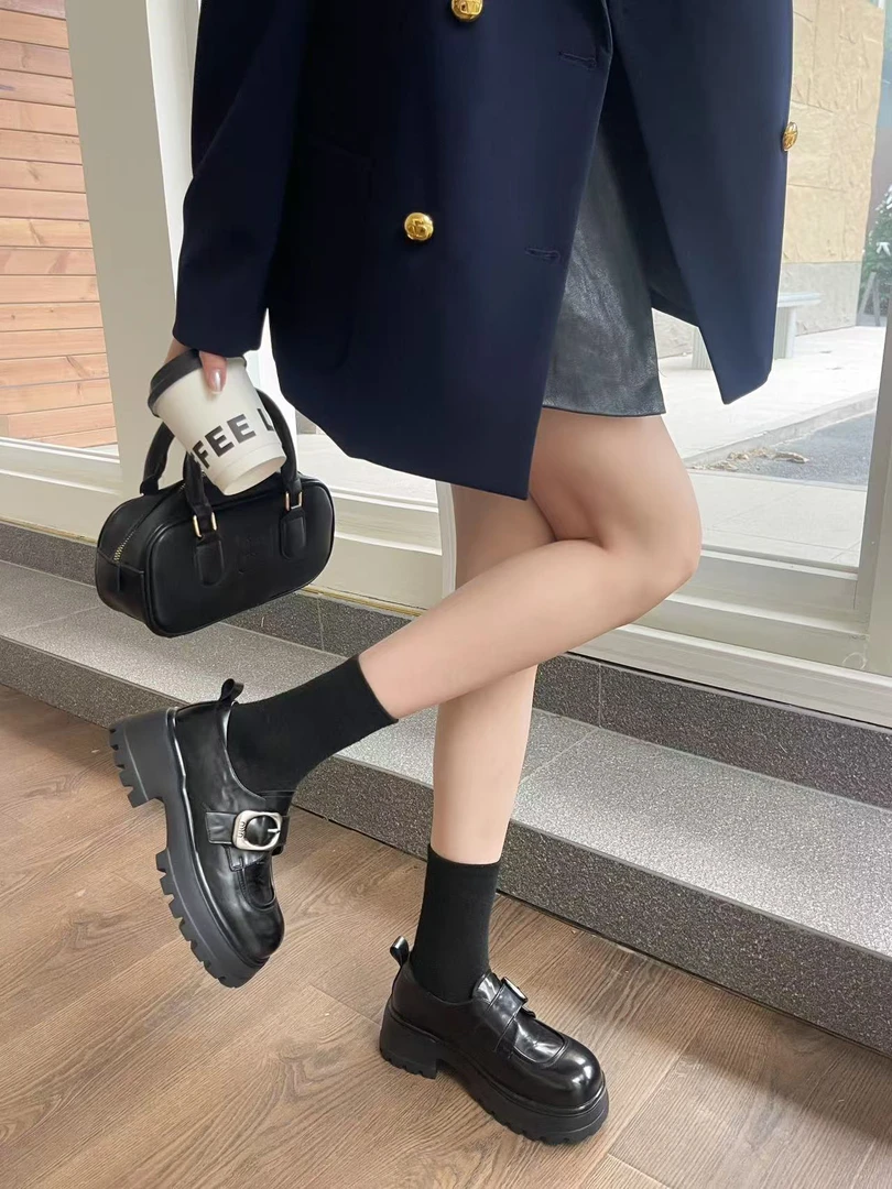 厚底粗跟真皮魔术贴单鞋女2025新款百搭英伦风小皮鞋增高乐福鞋女