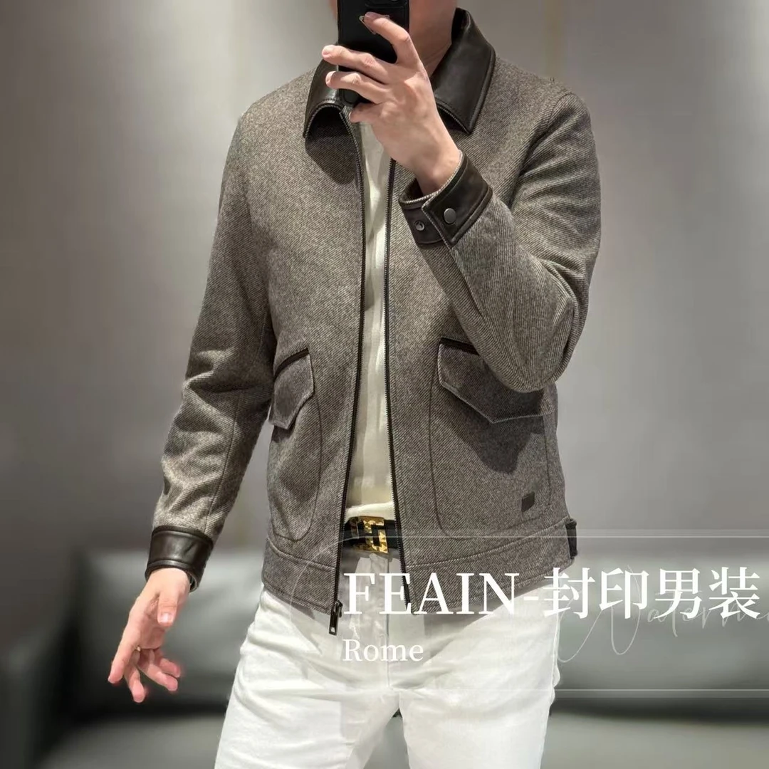 【真皮拼接】高端男士斜纹呢料老钱风休闲夹克25002