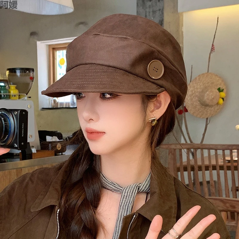 日系复古褶皱帽子女纽扣贝雷帽春秋小众文艺报童帽显脸小八角帽潮