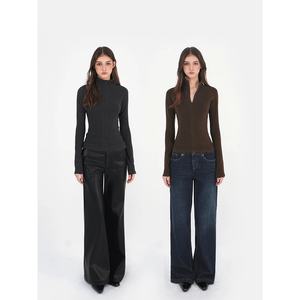 休闲运动半高领弹力拉链长袖上衣23186#