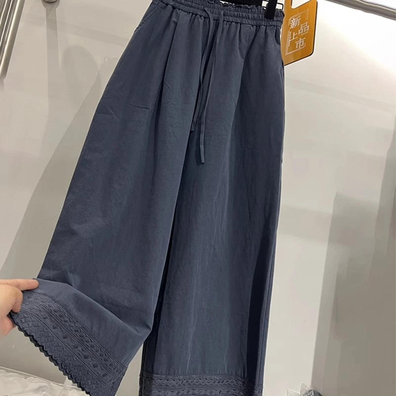 高端欧货2025年夏季新款松紧系带高腰蕾丝拼接时尚阔腿裤休闲裤女