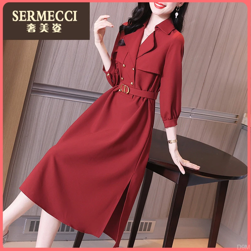 高级感酒红色奢美姿2025新款气质通勤裙子秋季西装领连衣裙