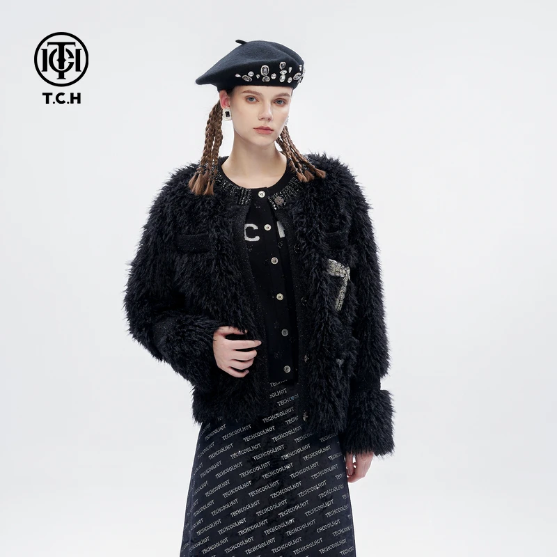 TCH轻奢烫钻工艺环保时尚气质名媛毛呢外套女T72D056010tch秋冬