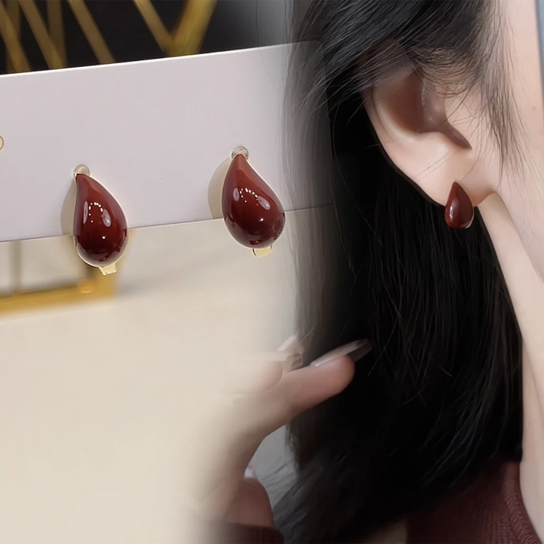 铜合金耳饰 轻奢高级感酒红色水滴耳扣小众设计气质耳环精致耳饰