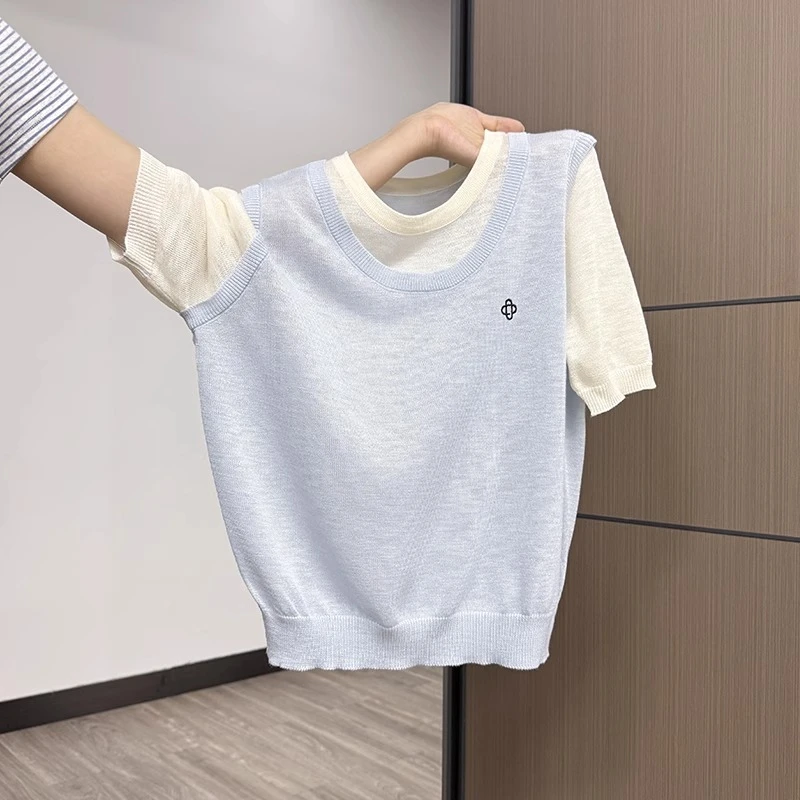 韩系假两件黄色圆领针织短袖T恤女2025夏季新款正肩薄款拼接上衣