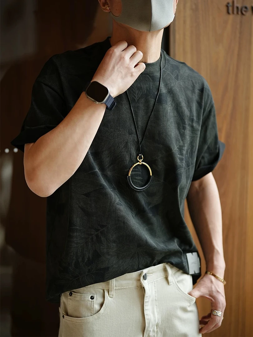 国潮重磅水洗暗纹提花满印短袖T恤男士夏季潮流新款拼色纯棉半袖