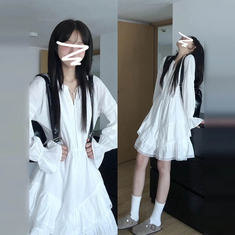 法式白色长袖收腰连衣裙女秋季2026年新款小个子气质入秋绝美短裙