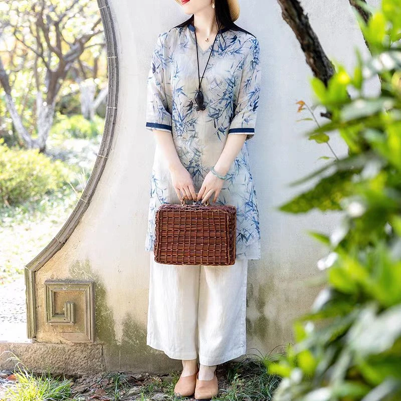 D17#夏季v领中国风禅意复古中长款通勤宽松上衣女棉麻显瘦套装