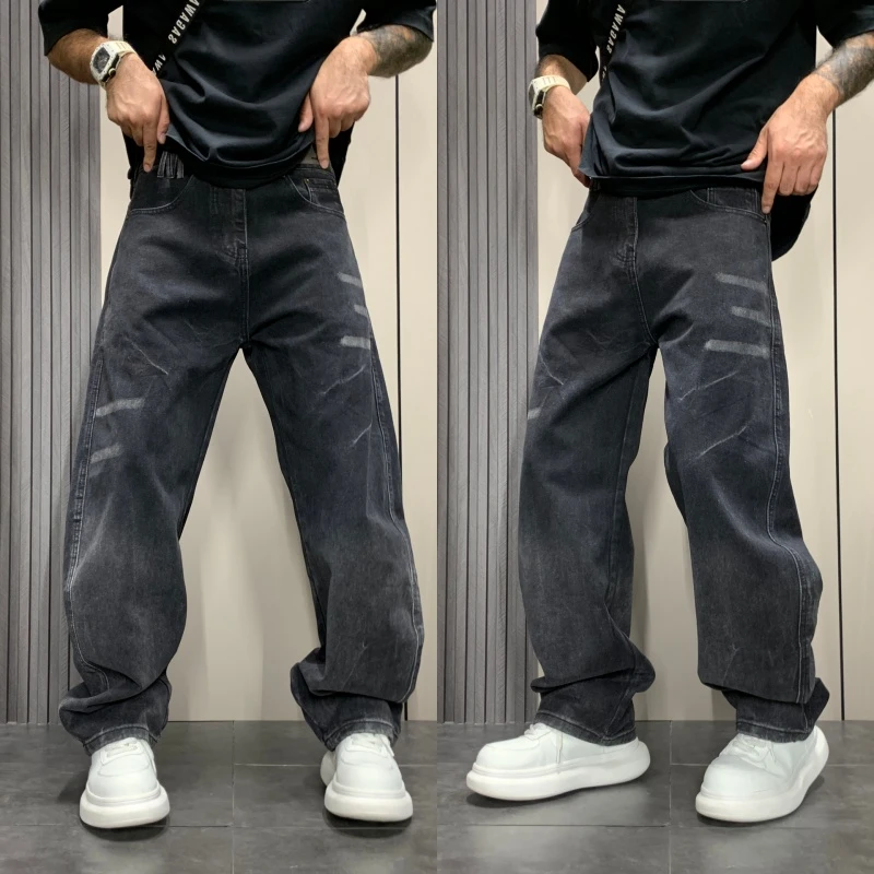 秋季新款牛仔裤水洗渐变美式复古阔腿弯刀裤潮流宽松百搭直筒长裤