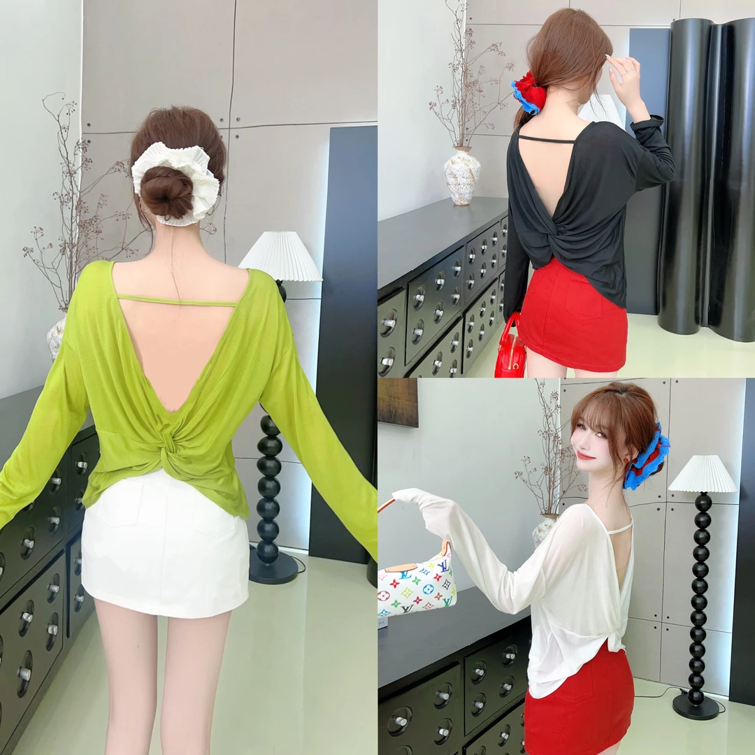 法式防晒露背长袖钉珠常规T恤春夏抽绳夏季新复古风