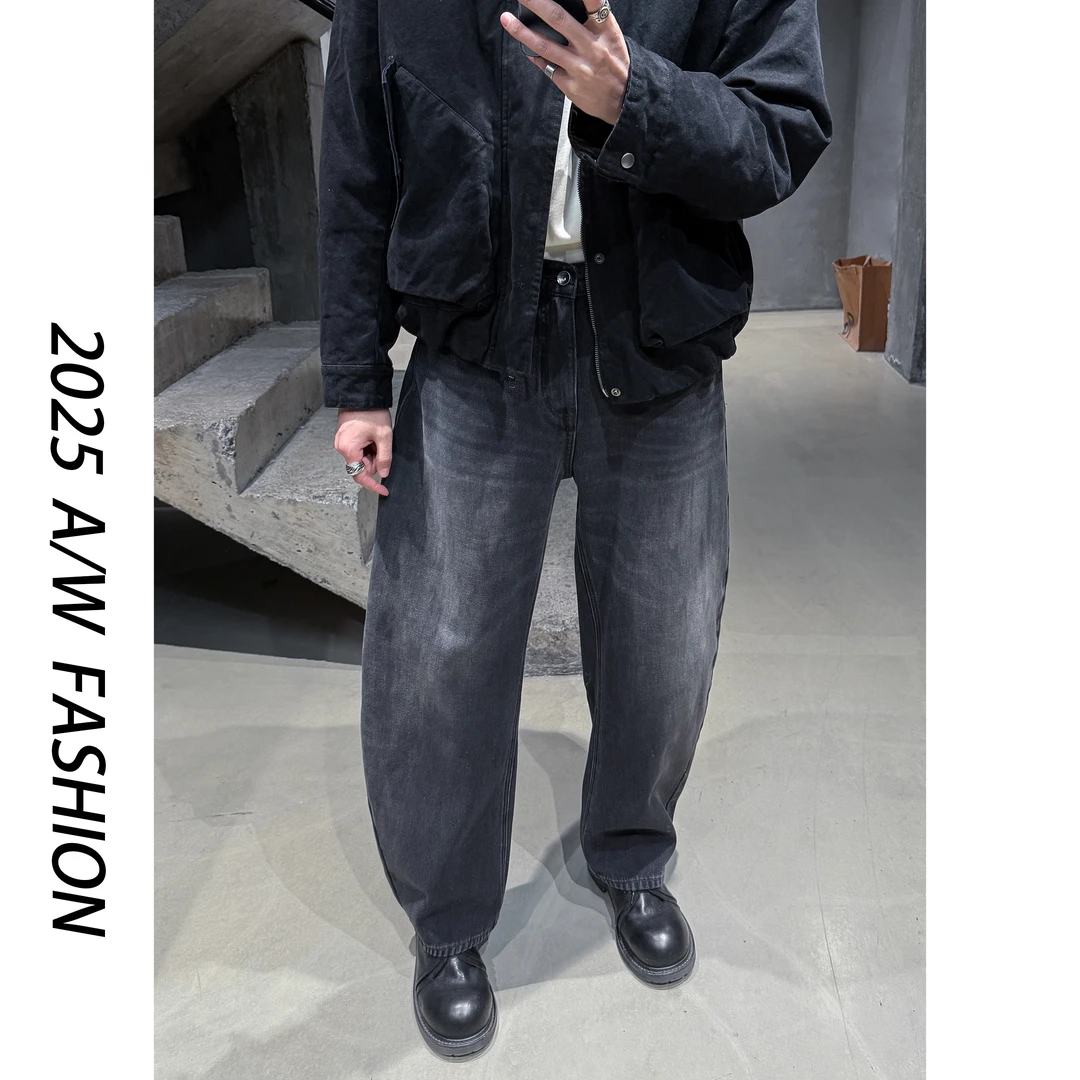 【叶继枫】100%棉加绒重水洗做脏做旧个性美式复古宽松弯刀牛仔裤子