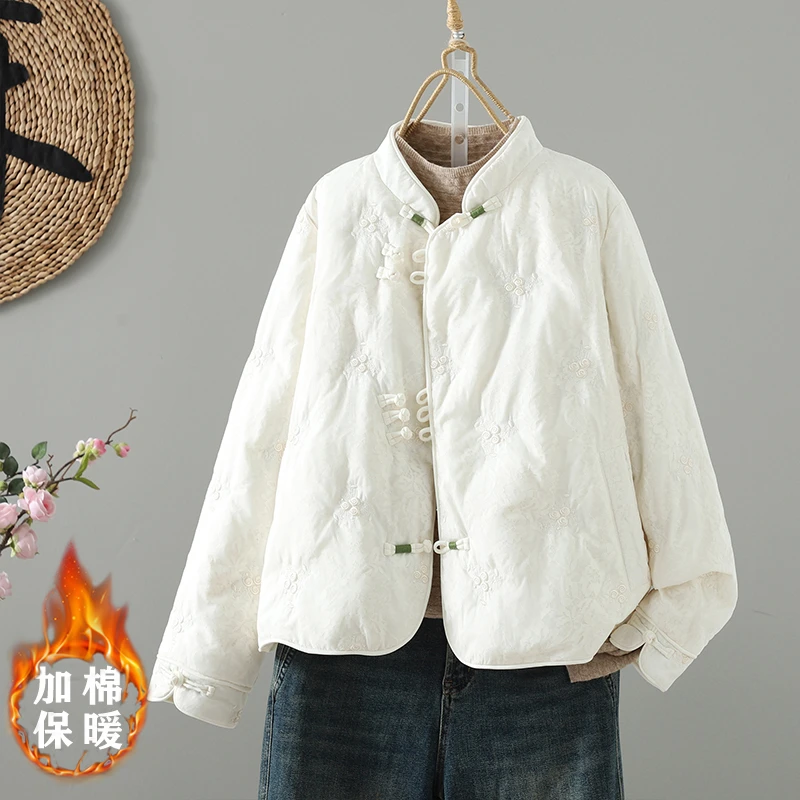 2025秋冬时尚新款新中式国风高级感重工刺绣斜襟立领盘扣棉服外套