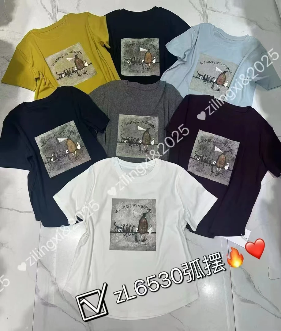 6530#方块图下摆弧型显瘦百搭短袖T恤（衣长60左右）夏季休闲时尚