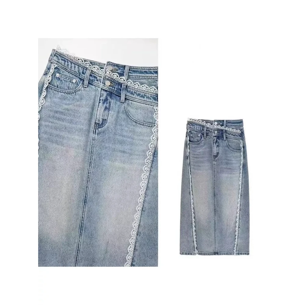 韩版时尚高腰A字显瘦百搭牛仔裙拼接蕾丝开叉半身中长裙2025新款