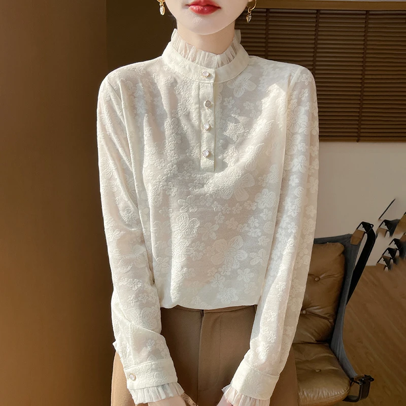 2025秋冬新款精致感蕾丝提花木耳领针织衫女百搭打底薄款内搭上衣