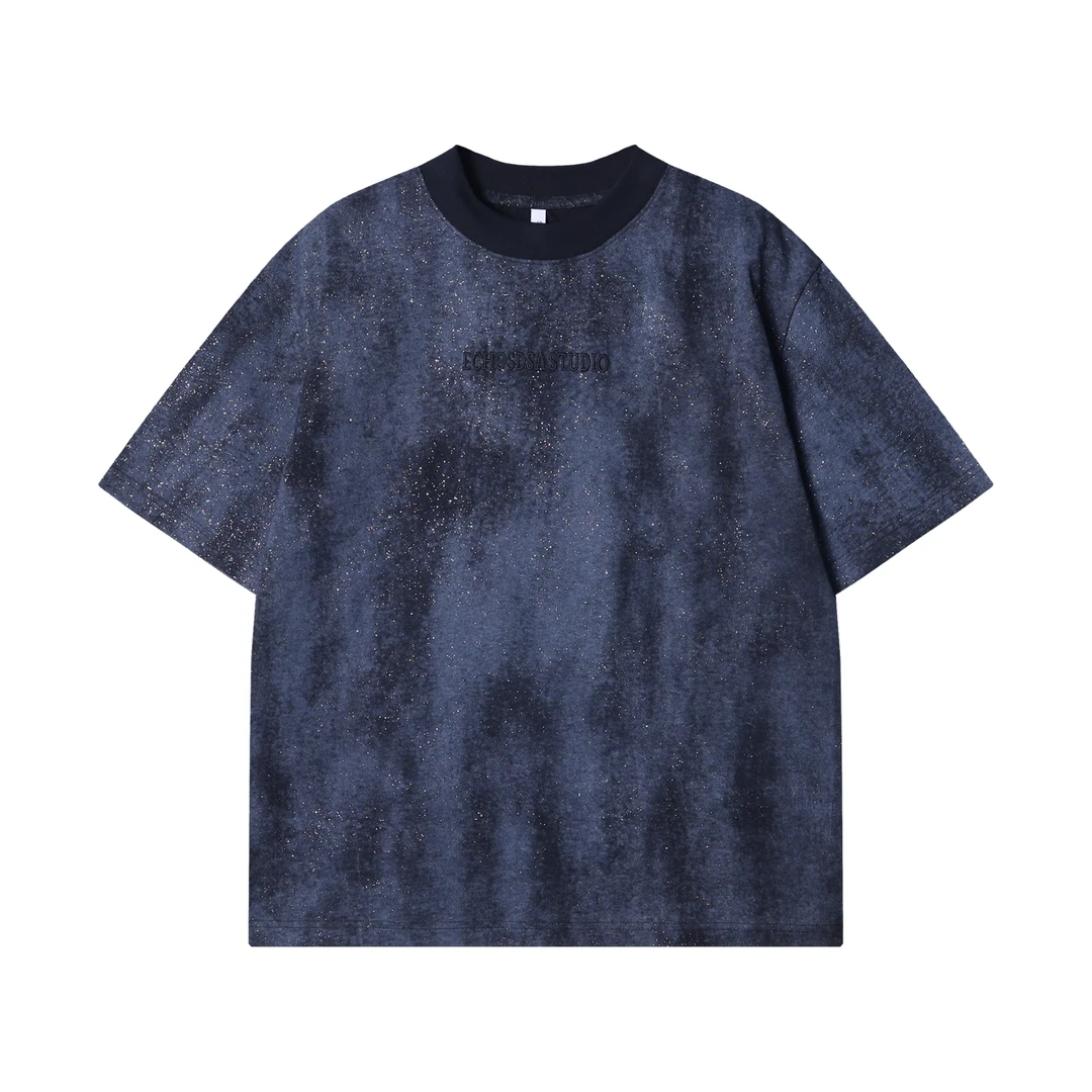 夏季高级感新款潮牌扎染满天星刺绣字母圆领短袖T恤百搭情侣上衣